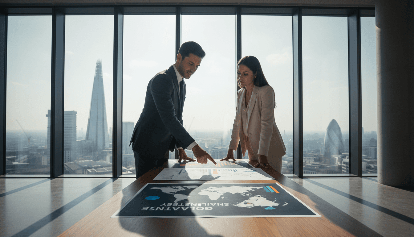 Two business professionals reviewing expansion strategy documents in a modern office setting
