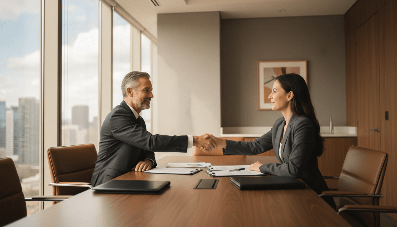 Two business professionals shake hands over financial documents during a confidential acquisition negotiation in an upscale boardroom